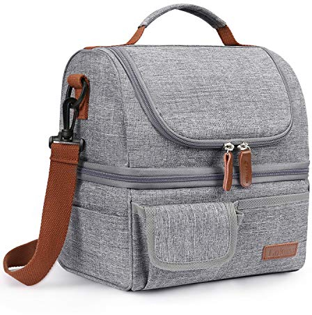 LOKASS Kühltasche Doppeldeck Picknicktasche Große Lunchtasche Mittagessen Tasche Weit geöffnete Thermotasche Kühltasche Isoliertasche mit Schultergurt für Männer/Frauen/Erwachsene/Arbeit/Outdoor,Grau