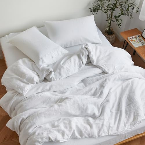 Sijo Stone Washed Organic French Linen Bed Sheet Set, GOTS Certified Organic, Best Cooling Linen Sheet Award by Sleep Foundation, 4 Piece - 2 Pillowcases, 1 Fitted and 1 Flat (Snow, Queen)