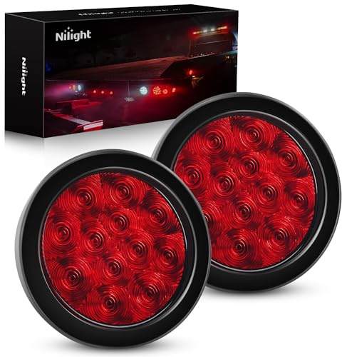 Nilight - TL-18 2PCS 4 Round Red LED Trailer Tail Lights w/Surface Mount Grommet Plugs IP67 Stop Brake Turn Tail Lights for Truck Trailer RV Jeep