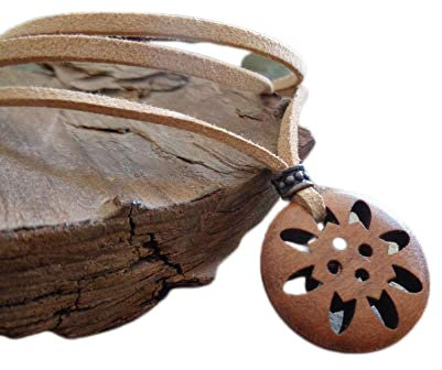 ✿ HOLZ MANDALA ANHÄNGER KUPFER BEIGE VEGANES LEDER ✿ Ethno Kette aus beigem Velour