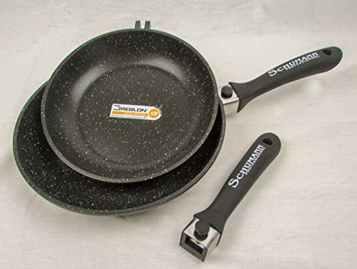 Schumann Professionnel - Lot de 2 Poêles Moove Revêtement en Pierre - Compatibles Tous feux dont Induction - Fonte d'Aluminium - Manches Amovibles en Silicone - Couvercle Non-Inclus - 24/28cm