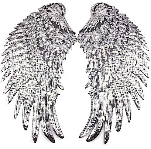 CattleyaHQ 1 Paar Paillettenflügel Applikationen, großer Glitzer Wing Patches, Angel Wings Patch Bestickte Motivverkleidung für Kleidung zum Aufnähen DIY Design Verzierungen (Silber)