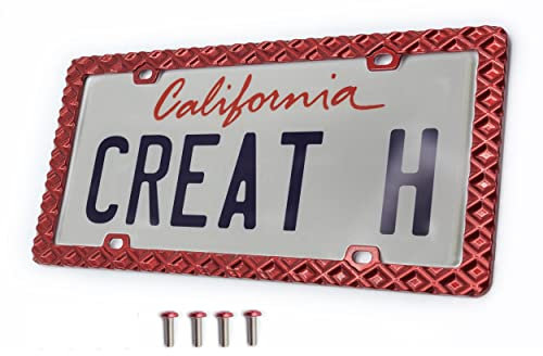 creathome 3D Waffle Pattern Red License Plate Frame from Pure Zinc Alloy Metal Perfect Plate Holder