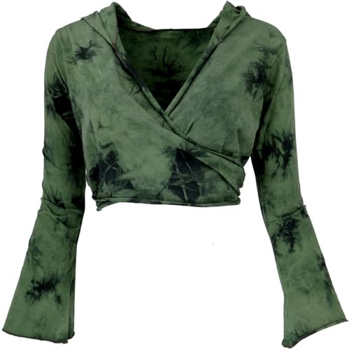 GURU SHOP Wickeltop, Yogatop, Langarmshirt mit Trompetenärmeln - Batik/grün, Damen, Baumwolle, Size:M
