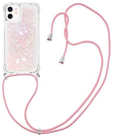 MRSTER Lanyard Phone Case for iPhone 12, Bling Glitter Quicksand Liquid Sparkle Silicone TPU Case Cover With Crossbody Necklace Cord Strap for iPhone 12 / iPhone 12 Pro 6.1”. LP Star Pink