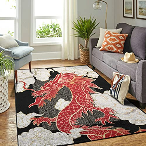 Veryday Tapis de salon de luxe en forme de dragon chinois - Blanc - 122 x 183 cm