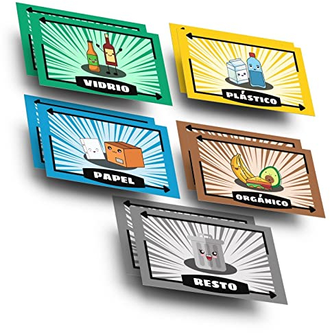 Recycling-Aufkleber für Mülltonnen, 10 Stück selbstklebende Etiketten in Spanien und Kawaii-Designs zum Recycling in jedem Mülleimer, ideale Etikettengröße 6,5 x 10 cm, inklusive Ersatzminen