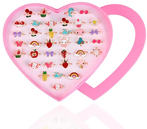 Hillylolly Ringe Mädchen, Kinderringe Mädchen Set, 36 Stück Kinder Ringe Schmuck, Fingerring Verstellbar, Ringe für Kinder Mädchen Geschenk, mit Herzform Vitrine, Zufälliger Stil (D)