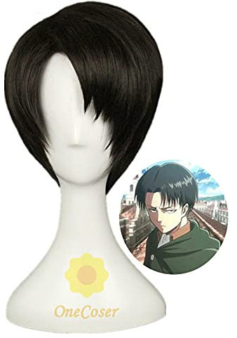 WHBHD Anime-Angriff auf Titan Levi Ackerman Cosplay Short Black Perücke + Perücke Cap Synthetische Haare Halloween Party Requisiten Männer
