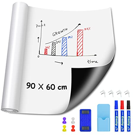 maxtek Tableau Blanc Effacable Autocollant 90 x 60 cm, Film Tableau Magnetique Mural, A1 Papier Plaque Aimantée Adhésive Effaçable à Sec pour Bureau, Maison, Ecole, Frigo