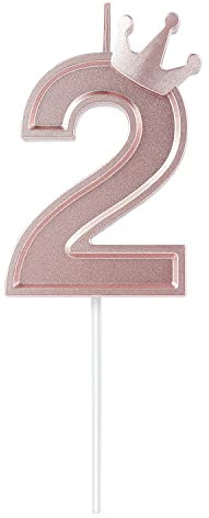 LUTER 3 Inch Number Birthday Candle, 3D Number Candles with Crown Decor, Cake Topper Number Candles for Birthday Cakes Wedding Anniversary Graduation Parties (Rose Gold, 2)