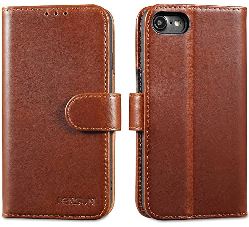 LENSUN Echtleder Hülle für iPhone SE2020/SE 2022 5G, iPhone 7/iPhone 8 Handyhülle [Echtes Leder][Magnetverschluss] [Kartenfach] Handytasche Lederhülle Klappbar - Dunkelbraun
