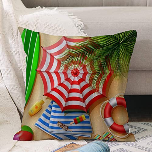 Kissenbezug 45x45 cm,Sandstrand Palmblätter Surfbrett Rettungsring,Outdoor Kissen Kissenbezüge Kissenhülle Sofa Kissen dekokissen Zierkissen für Wohnzimmer Garten deko draußen