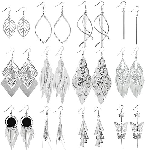 12 Paar Tropfen Ohrringe Silber für Damen, Ohrringe Boho Set, Ohrringe Große Lang Blatt Aushöhlen Laub Quaste Feder Prisma Boho Ohrhänger Hypoallergene Ohrringe Hängend Mode Glänz Silber Damen Frauen