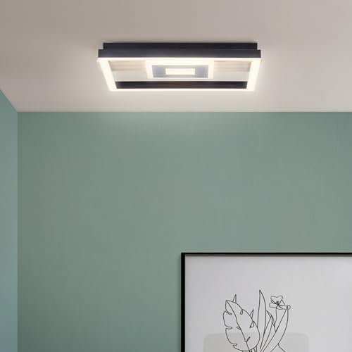 Lightbox Deckenlampe mit Holz Balken & LED Profil & warmweißer Lichtfarbe (3000 K) - 28 x 30 cm - LED Deckenleuchte - 2600lm - aus Metall/Kunststoff/Holz (aus Kiefernholz) - in Schwarz/Holzfarben