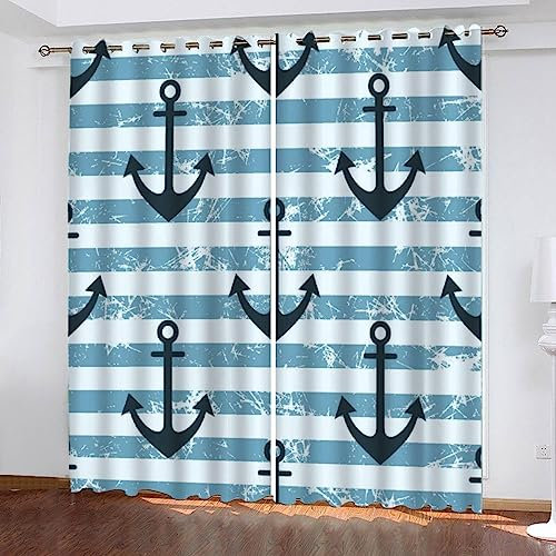 TAOLU Vorhänge Kinderzimmer140x160cm Anker Verdunkelungsvorhang 3D Gardinen mit Ösen Wärmegedämmt Nautisch Maritim Retro Vorhang Für Jungen Mädchen Kinder Schlafzimmer Spielzimmer