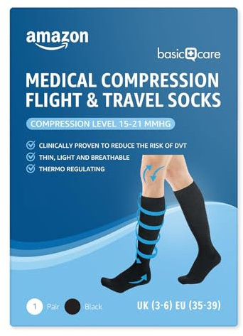 Amazon Basic Care Medizinische Kompressionssocken für Flug und Reisen, Größe 39-43, Schwarz