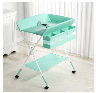 YYUINU Wickeltisch, Faltbarer Wickeltisch mit Rädern, Höhenverstellbarer Mobiler Kinderzimmer-Organizer, mit Sicherheitsgurt und Großen Ablagefächern,Mint Green
