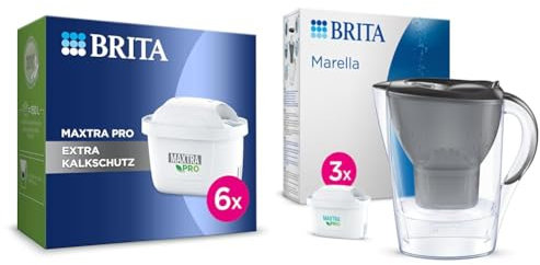 BRITA Wasserfilter-Kartusche MAXTRA PRO Extra Kalkschutz – 6er Pack & Wasserfilter-Kanne Marella graphit inkl. 3x MAXTRA PRO All-in-1 Kartusche