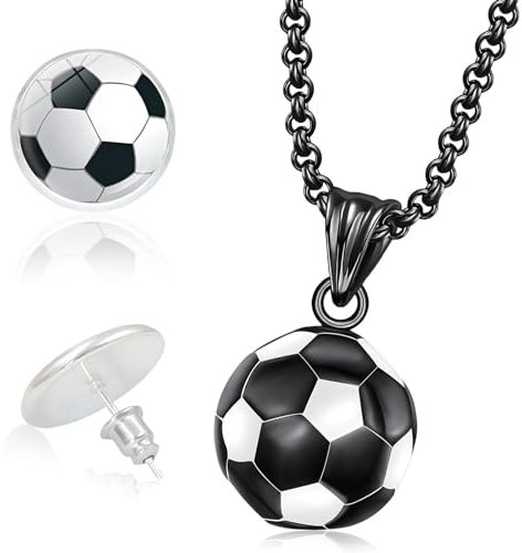KWJEIULSOQ Football Stainless Steel Necklace and Football Earrings, Soccer Pendant Necklace Football Pattern Earrings Soccer Charm Necklace Football Stuff Football Gifts for Boys Women Men Girls