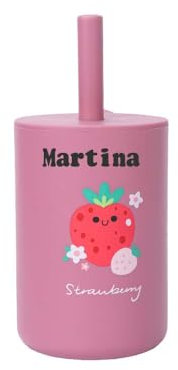 TYRY.HU Tazza per Bambini con Nome Personalizzata Silicone Bicchiere Allenamento Dinky Cup Con Cannuccia Flessibile e Sistema Antigoccia Rosa