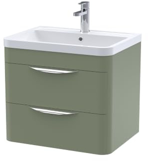 Balterley Vanity Unit with Basin Wall Hung, 2 Drawer Soft Close with Rectangular Sink and Handles, Bathroom Vanity Units with Basin, Bathroom Sink Storage Cabinet - 610 x 450 x 540mm (Green)