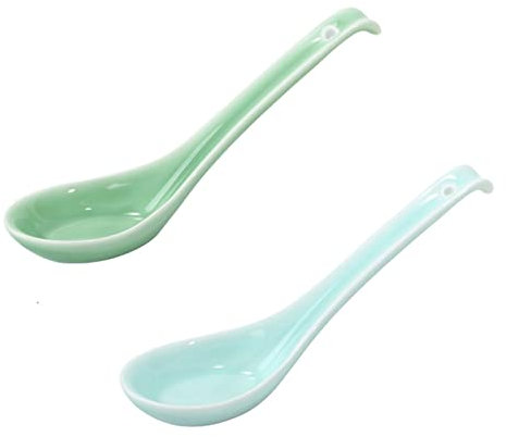 Cuiynice Cucchiai Mestolo da zuppa a manico lungo Mestolo da zuppa piccolo per uso domestico Cucchiaio da ramen Ristorante Cucchiaio da zuppa in porcellana 7,3 pollici Cucchiai lunghi verde blu Argent
