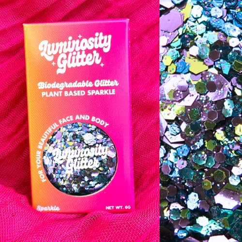 Luminosity Biodegradable Peacock Glitter Blend – Chunky & Fine Eco Glitter Mix in Turquoise, Purple, Gold & Blue | Vegan, Festival Glitter for Face, Body & Hair | Eco Friendly Sparkle Makeup