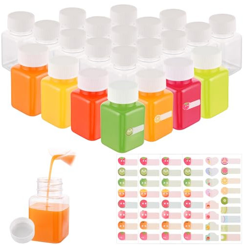 YOUNTHYE 36PCS Shot Bottles with Lids, 100ml Plastic Juice Bottles with Lids Empty Ginger Shot Bottle for Travel, Small Reusable Clear Drink Bottle with Stickers for Juice Smoothies Milk