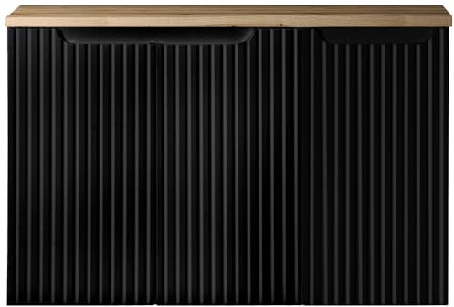 Lomadox Badezimmer Waschtisch-Unterschrank 90cm, in schwarz mit Eiche, gerillte Front, grifflos