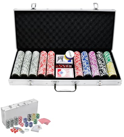 Suusolny Pokerkoffer Pokerset mit 500 Laserchips Pokerchips inkl. 2X Pokerdecks, 1x Dealer Button, 5X Würfel, 2 Schlüssel & Aluminium-Gehäuse für Party Game - Silber