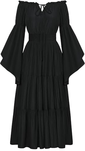 SCARLET DARKNESS Women Off The Shoulder Medieval Costume Peasant Black Gothic Dresses Bell Sleeve Lace-up Maxi Long Dress A-Line Tiered Dress S