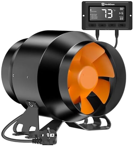 Hon&Guan EC Rohrventilator 100mm mit Temperatur- Feuchtigkeitsregler Drehzahlregler, Rohrlüfter 360 m³/h mit Intelligenter Kontroller EU-Stecker für Growzelt Gewächshaus Aktivkohlefilter 3D-Drucker