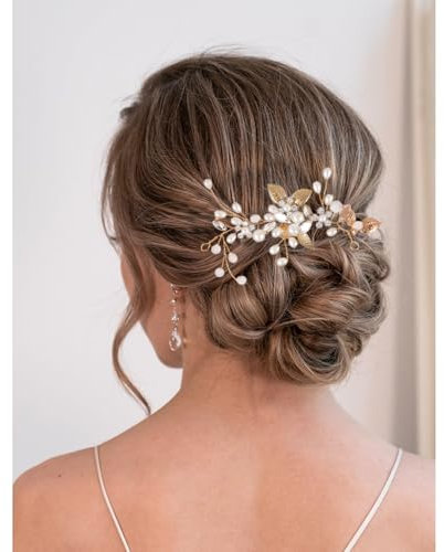 Braut Hochzeit Haarkämme Braut Haarspangen Blume Blatt Kristall Haarnadeln Reben Blume Blatt Perle Kopfschmuck Haarschmuck für Frauen und Mädchen (Gold)