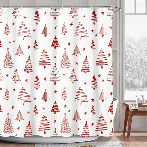 AIBIIN Rideau de douche Motif sapin de Noël Rouge 180 x 180 cm | Rideaux de bain avec 12 crochets Motif sapin de Noël et étoiles
