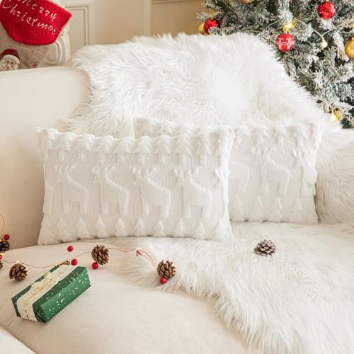 XNSHUN 2er Set Kissenbezug Weihnachten, Deko Kissenhüllen Weihnachtsdeko Plüschkissen Sofakissen Deko Bezug, Zierkissenbezug Für Kissen Sofa Schlafzimmer Wohnzimmer (30x50cm,Weiß-Elch)