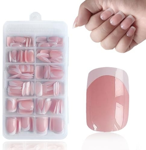 Acrylique Faux Ongles Autocollants 168 Pièces French Artificiels Manucure Ongles Brillant Couverture Complète Ongles Couleur Nude Faux Ongles Français Naturel (Square French Nail)