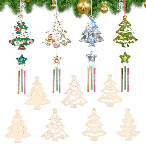LIMITADA 12 Stück Weihnachtsbaum Windspiel Bastelset, Windspiel Bastelset Kinder Weihnachten Holz DIY Holzanhänger Weihnachten zum Bemalen Weihnachtsanhänger Basteln Geschenk für Mädchen Jungen