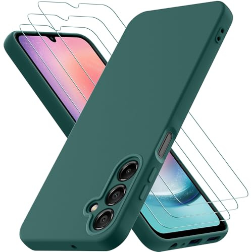 Cover per Samsung Galaxy A25 5G con 3 Pezzi Pellicola Vetro Temperato, Custodia in Morbida Silicone Liquido, Sottile e Antiurto con Rivestimento in Microfibra AntiGraffio, Verde Notte