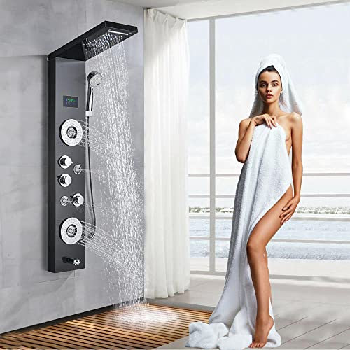 Luxus Schwarz Edelstahl Duschpaneel Turm mit Regen Wasserfall Düsensystem Moderne Mischbatterie Duschsäule