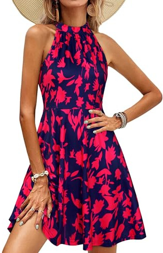 OUGES Sommerkleid Damen Knielang Neckholder Kleid Sommer Blumenmuster Elegant Cocktailkleid