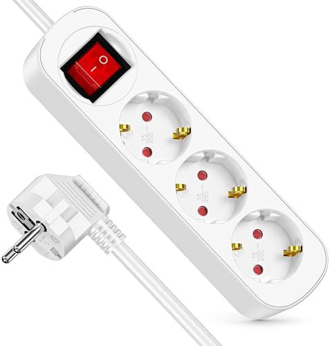 Steckdosenleiste für Home, 3 Fach Mehrfachsteckdose mit Save Energy-Schalter zum Stromsparen,Kabel 5m, weiß