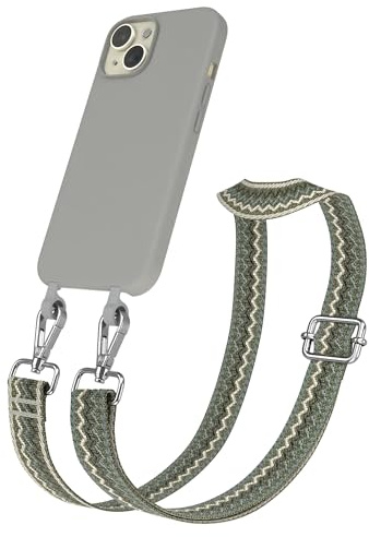 EAZY CASE - Hülle mit Band kompatibel mit iPhone 15 Handyhülle für iPhone 15 Schutzhülle Silikonhülle mit Mikrofaser Handykette zum Umhängen 2in1 Hülle Handykordel Wellen - Grün Beige Metall Silber