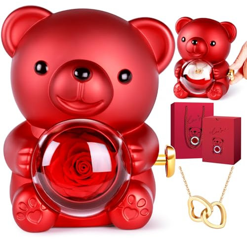 goldmiky Orsetto con Rosa, Orso con Rosa Eterna Confezione Regalo, Regalo Festa della Mamma, Regali per Lei Fidanzata,Regalo Anniversario per Lei(Rosso)