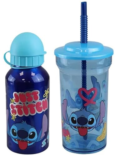 Stitch Lot de 2 bouteilles d'eau et gobelets en plastique transparent avec paille et couvercle - 460 ml - Anti-fuite - Pour le sport et la course à pied - Pour enfants de 4 ans et plus