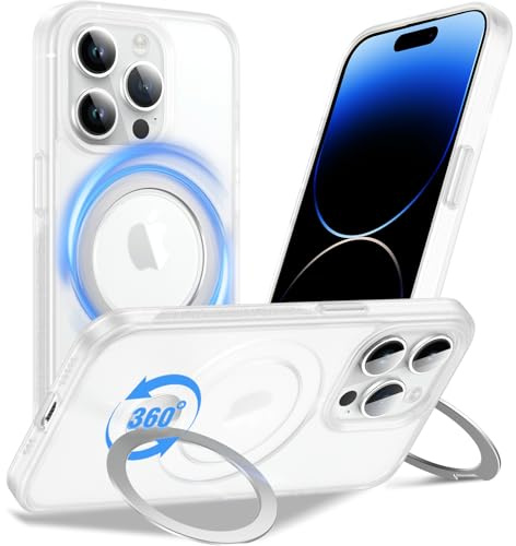 Anqrp 360° All-in-One-Ständerhülle für iPhone 14 Pro Hülle mit Rotierbarem Magnetischem Ständerringhalter, Kompatibel mit MagSafe, Matt Stoßfeste MIL-Grade-iPhone 14 Pro Case 6,1 Zoll, Weiß Nebel