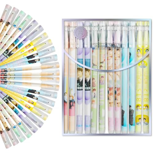 GooLich BTS Merch 24er-Packung mit Schwarz-Blauen Kugelschreibern, Sechs Verschiedene Designs, Ideale Schreibgeräte für K-Pop-Fans zum Signieren