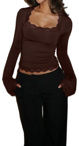 Women's Lace Trim Square Neck T Shirt Y2K Long Flare Cuff Sleeve Basic Tops Elegant Slim Fit Blouse Aesthetic Tee Shirts (Dark Brown, S)