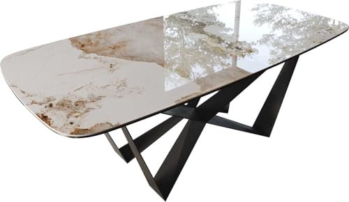 Esszimmertisch Edge Boot Keramik Minas Melange Weiß-Beige 200x100 Spider Flachstahl Schwarz