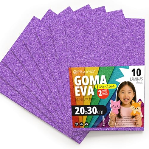 OFITURIA Fogli di Gomma Eva Glitterata per Lavoretti Creativi, Progetti Scolastici, Scrapbooking e Decorazioni Artistiche 20x30cm (Viola Glitterato, 10 pz)